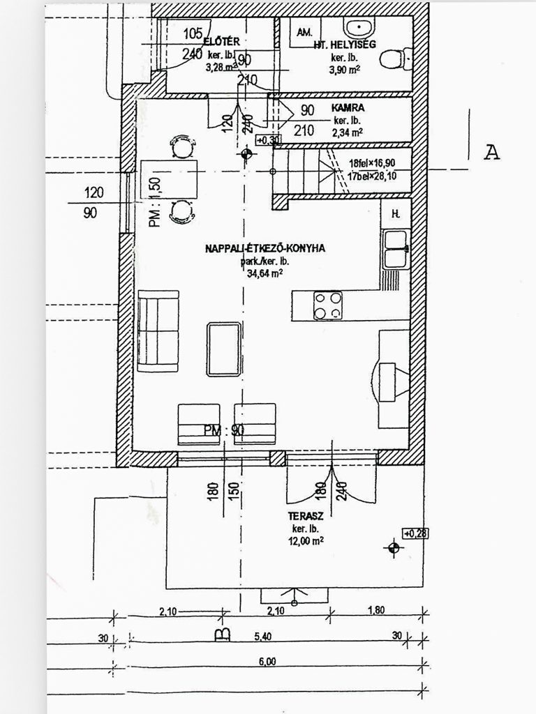 Floor plan of a house with a living room and 3 bedrooms in the Csepel garden city